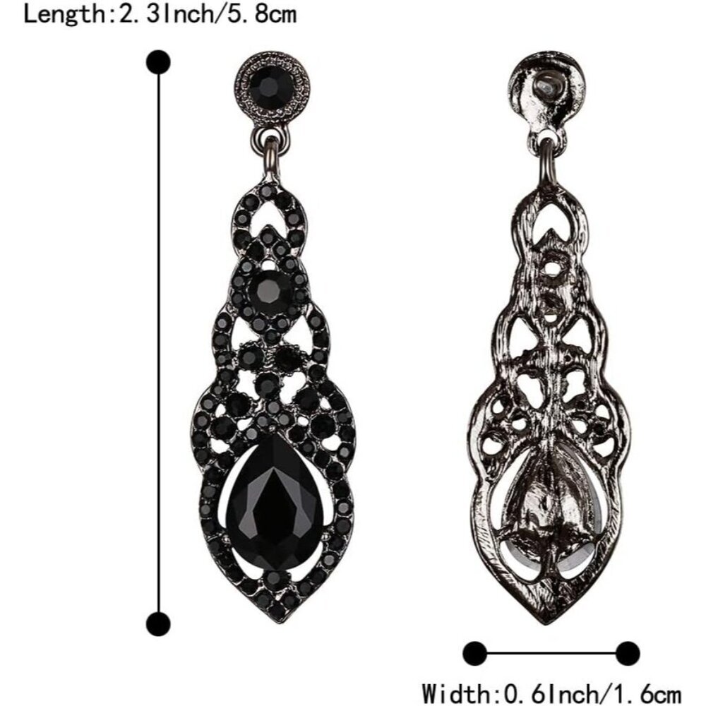 Women's Black-tone Crystal Art Deco Dangle Earrings, Bridal, Chandelier, 2.3-inc - Picture 5 of 6